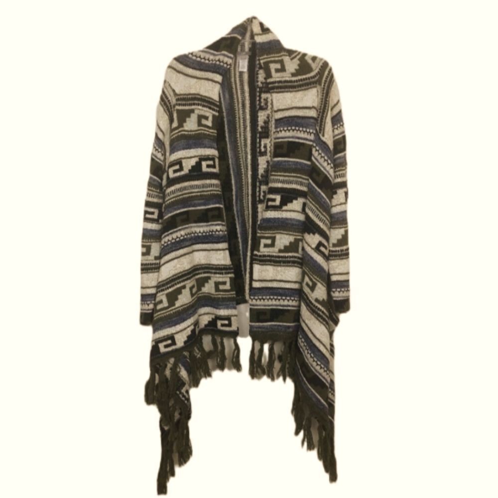 J Jill Aztec Print Fringe Sweater Open Waterfall Cardigan Wool Mohair M